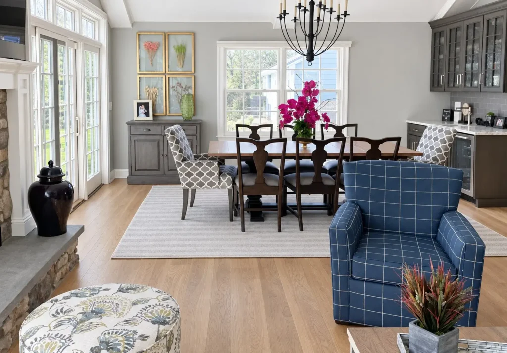 Timeless layered living and dining room designed by Avantte Interior Designs in New Jersey